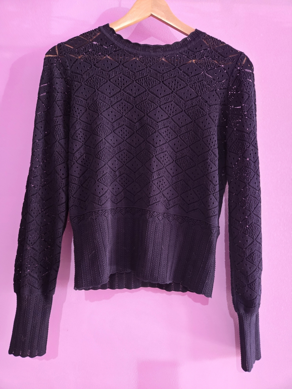 Rebecca Taylor Dark Navy Openwork Pointelle Crewneck Sweater